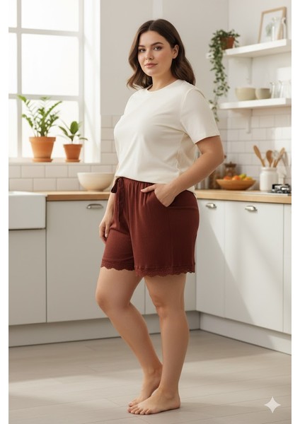 Bambu Fitilli Kadın Ev Şortu Bacak Dantel Detaylı Ev Giyim Koyu Taba fırsatları