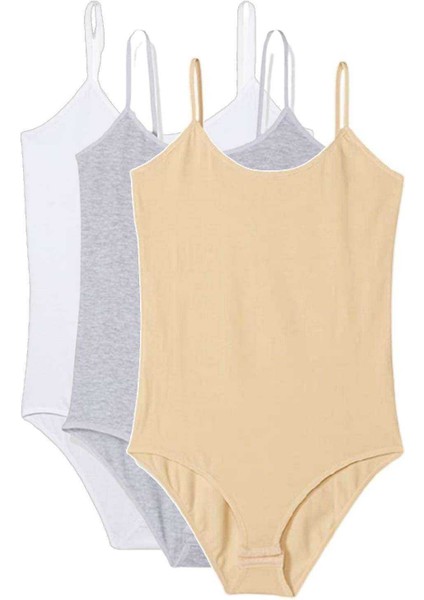 3 Adet Ip Askılı Kadın Çıtçıtlı Body Beyaz Gri Ten