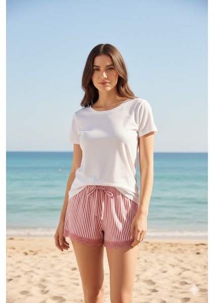 Çizgili Penye Kadın Ev Şortu Bacak Dantel Detaylı Ev Giyim Fuşya fırsatları