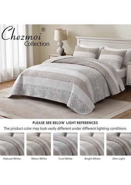 Robyn 3 Parça Nötr Boz Gri Beyaz Çiçekli Çiçeği Yama Işi Çizgili Yorgan Seti - Önceden Yıkanmış Pamuklu Örtü - Hafif Ters Çevrilebilir Yatak Örtüsü, Battal Boy fiyatları