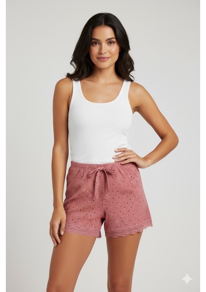 Düz Renk Mini Çiçek Desenli Penye Kadın Ev Şortu Bacak Dantel Detaylı Ev Giyim Pembe