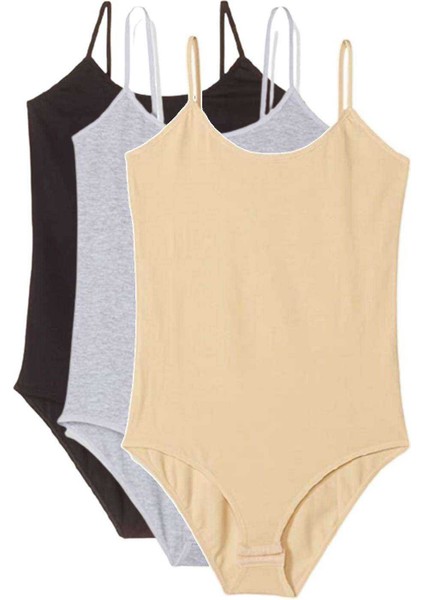 3 Adet Ip Askılı Kadın Çıtçıtlı Body Siyah Gri Ten