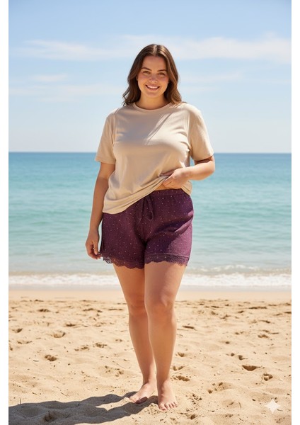 Düz Renk Mini Çiçek Desenli Penye Kadın Ev Şortu Bacak Dantel Detaylı Ev Giyim Gül Kurusu modelleri