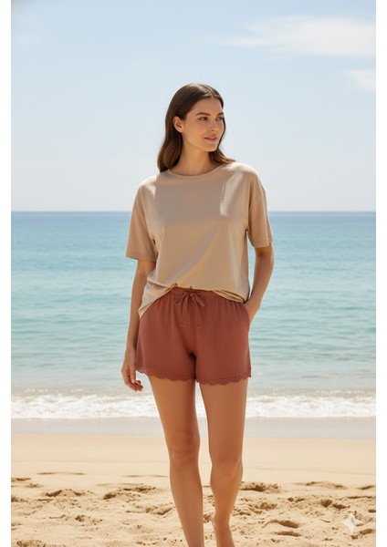 Bambu Fitilli Kadın Ev Şortu Bacak Dantel Detaylı Ev Giyim Taba modelleri