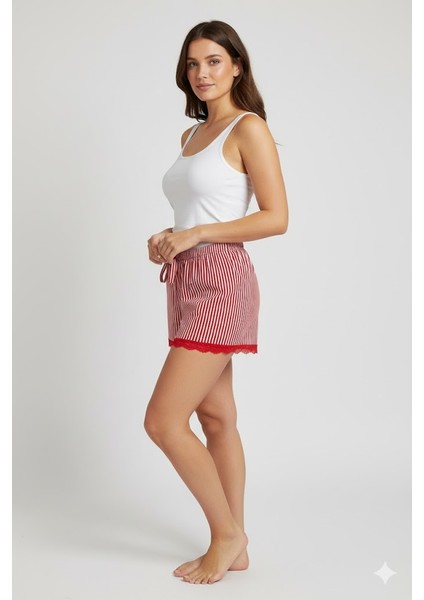 Çizgili Penye Kadın Ev Şortu Bacak Dantel Detaylı Ev Giyim Kırmızı fiyatları