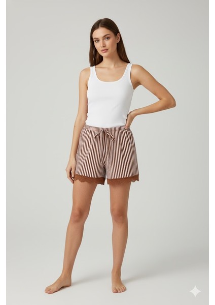 Çizgili Penye Kadın Ev Şortu Bacak Dantel Detaylı Ev Giyim Kahverengi