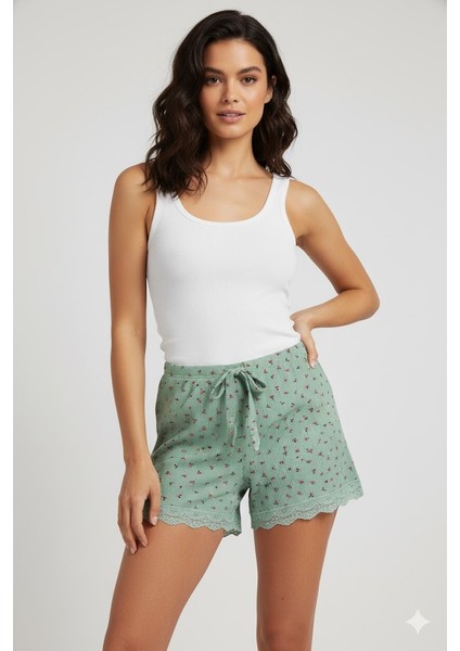 Düz Renk Mini Çiçek Desenli Penye Kadın Ev Şortu Bacak Dantel Detaylı Ev Giyim Yeşil fiyatları