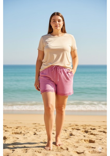 Bambu Fitilli Kadın Ev Şortu Bacak Dantel Detaylı Ev Giyim Pembe fırsatları