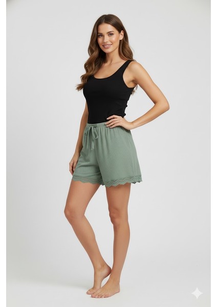 Bambu Fitilli Kadın Ev Şortu Bacak Dantel Detaylı Ev Giyim Yeşil fiyatları