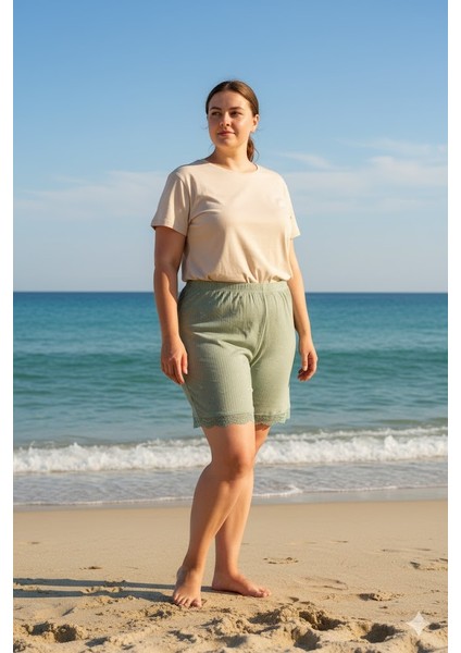 Bambu Fitilli Kadın Ev Şortu Bacak Dantel Detaylı Ev Giyim Yeşil modelleri