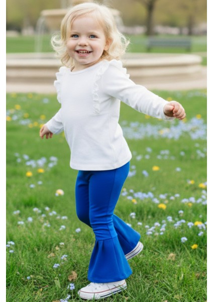 Kız Çocuk Saks Mavi Ispanyol Paça Yüksek Bel Lastikli Tayt Pantolon