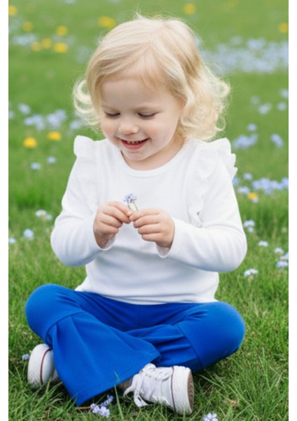 Kız Çocuk Saks Mavi Ispanyol Paça Yüksek Bel Lastikli Tayt Pantolon fiyatları