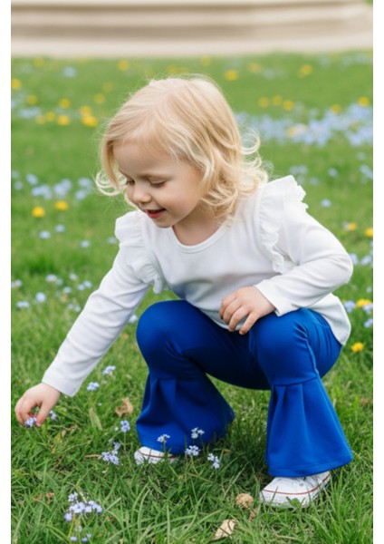 Kız Çocuk Saks Mavi Ispanyol Paça Yüksek Bel Lastikli Tayt Pantolon modelleri