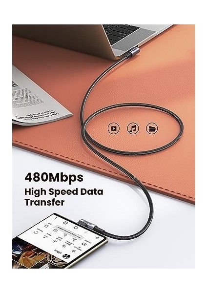 Usb-C To Usb-C 60W 3A Qc Pd Çift Tarafı 90 Derece Örgülü Hızlı Şarj Kalosu, 2 Metre, Siyah modelleri