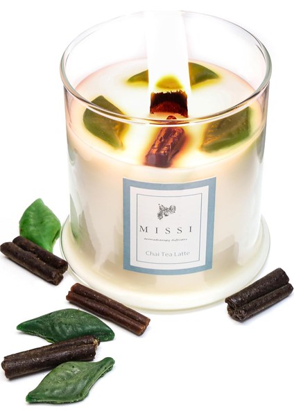 Üfleme Cam Ahşap Fitilli Chaı Tea Vegan Mum (380 Gr)