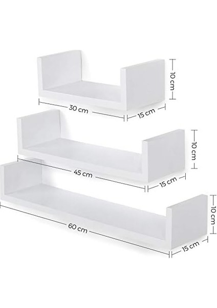 Duvar Rafları, 3'lü Set, Yüzer Raflar, 30/45/60 Cm, Dekoratif, Yaratıcı, Yatak Odaları, Oturma Odaları, Mutfaklar ve Koridorlar Için, 15 Kg'a Kadar Yüklenebilir, Beyaz LWS66W modelleri