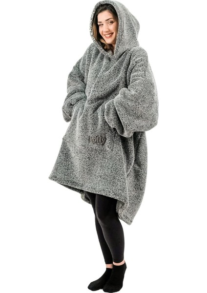 Oversize Giyilebilir Battaniye Tek Beden Çok Rahat Hoodie Peluş Kapüşonlu Sweatshirt (Gri-Siyah)