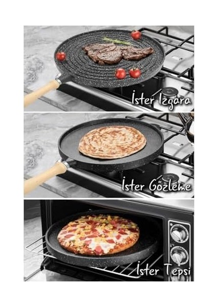 Yanmaz Yapışmaz Granit Kaplama Döküm Çift Taraflı ve Gözleme Tavası, Çift Taraflı Bazlama ve Et Tavası, Saplı Granit Kaplama Döküm Tava 34CM fiyatları