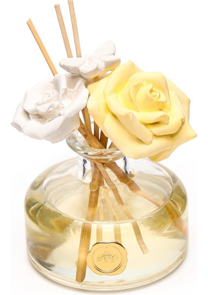 150 ml Boyunlu Cam Şişe Seramik Çiçek Taş Çubuklu Vanilya Sandal Oda Kokusu