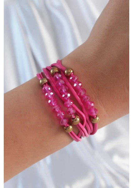 Pembe Renk Zirkon Taşlı İpli Çoklu Bileklik - TJ-BB6342