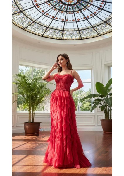 Taş Işlemeli Katkat Tül Elbise