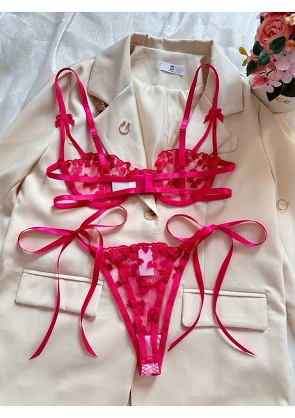 Kalp Detaylı Kırmızı Iç Giyim Takımı Yılbaşı Özel