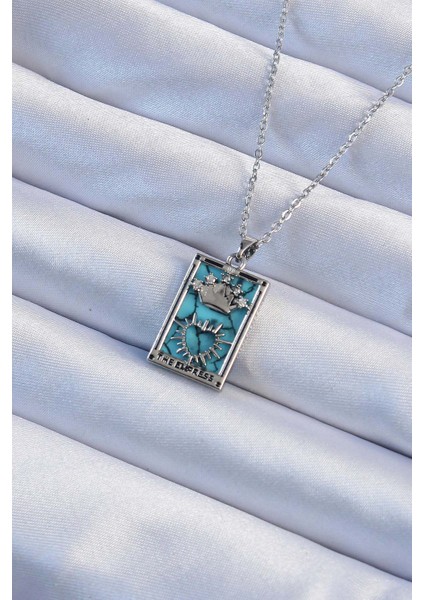 316L Çelik Zincir Gümüş Renk Zirkon Taşlı Mavi Mermer Desenli Taç Model Tarot Kolye - TJ-BKO9244