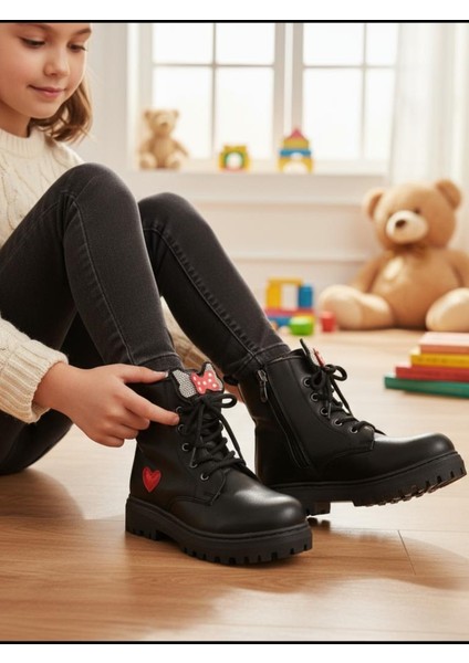 Kız Çocuk Suya Soğuk Havaya Dayanıklı Minnie Figürlü Kışlık Siyah Rugan Bot Ayakkabı