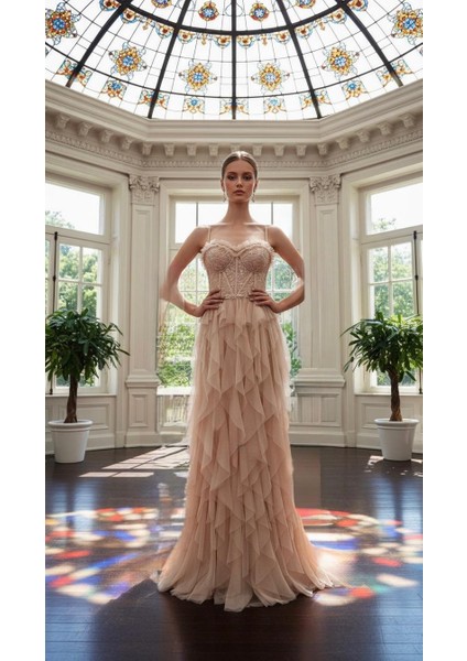 Taş Işlemeli Katkat Tül Elbise