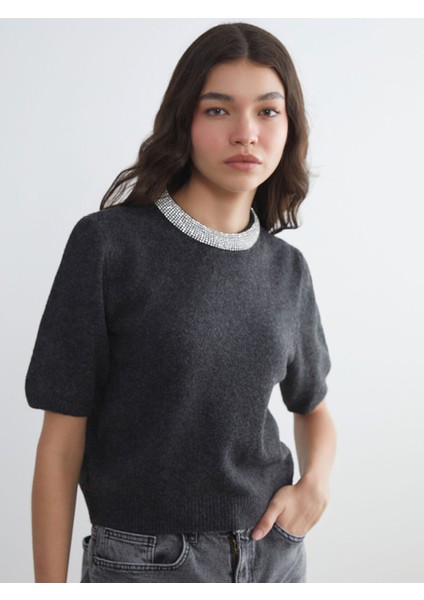 Yeni Sezon Bisiklet Yaka Taşlı Kadın Triko Kazak
