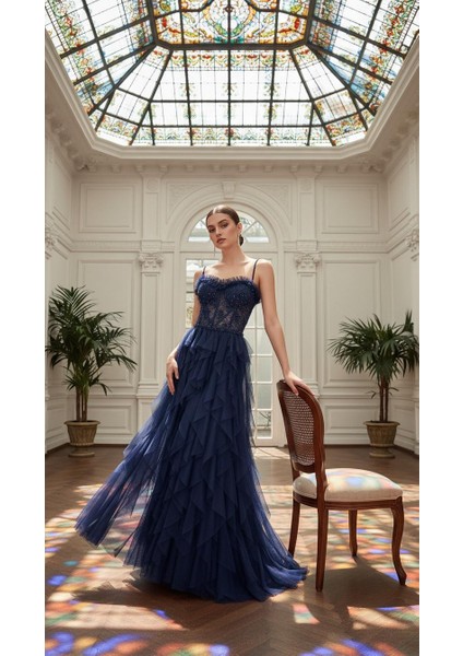 Taş Işlemeli Katkat Tül Elbise