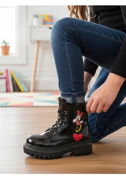 Kız Çocuk Suya Soğuk Havaya Dayanıklı Minnie Figürlü Kışlık Siyah Rugan Bot Ayakkabı modelleri