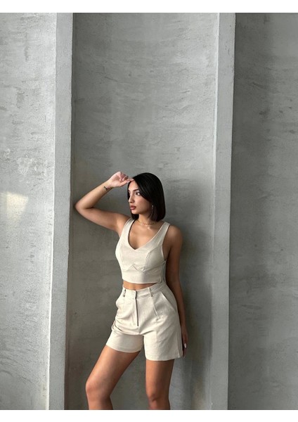 Ketlin Keten Şortlu Kadın Takım Bej indirimleri