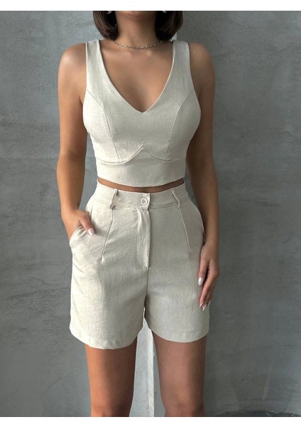 Ketlin Keten Şortlu Kadın Takım Bej