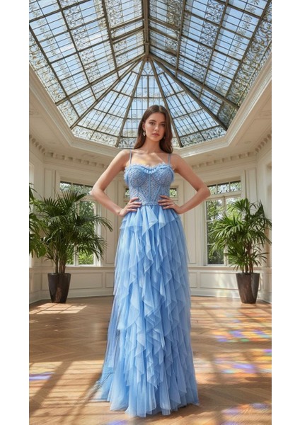 Taş Işlemeli Katkat Tül Elbise