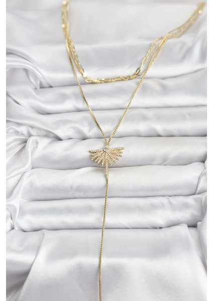 Zarif Boyunlar Için Golden Pirinç Zirkonlu Yelpaze Üçlü Kombin Y Kadın Kolye