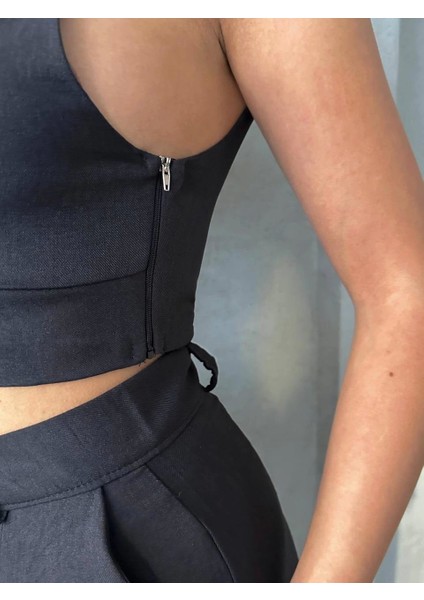 Ketlin Keten Şortlu Kadın Takım Siyah