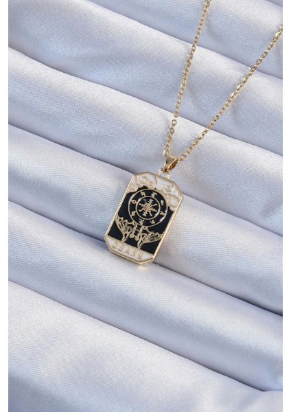 316L Çelik Zincir Altın Renk İşlemeli Siyah Mineli Tarot Kolye - TJ-BKO9236