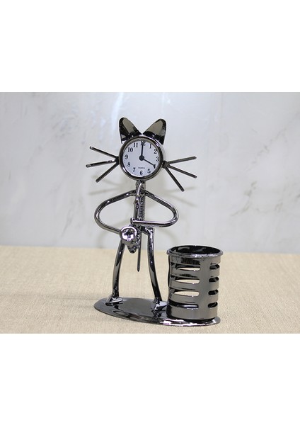 Metal Saksafon Çalan Müzisyen Kedi Saat ve Kalemlik