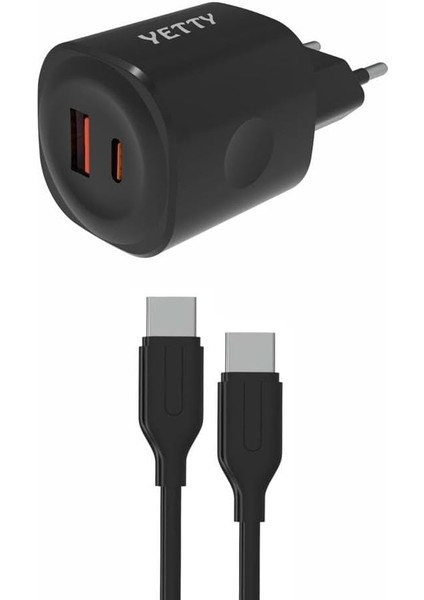 Yetty Çift Çıkışlı Pd 25W 3.0 Type-C To Type-C 1m Hızlı Şarj Kablosu - Siyah (Yerli Üretim)