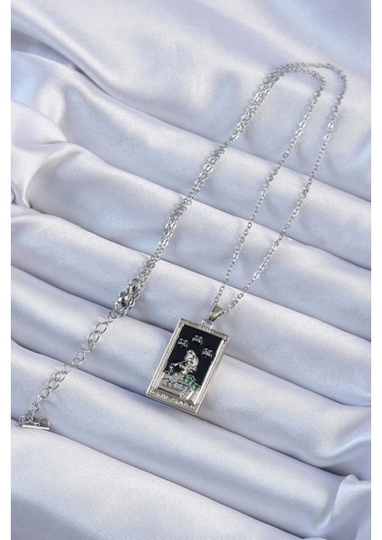 316L Çelik Zincir Gümüş Renk Zirkon Taşlı Siyah Mineli Kız Figürlü Tarot Kolye - TJ-BKO9228 fiyatları