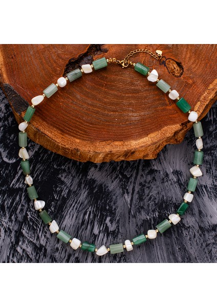 Aventurin ve Sedef Doğal Taş Kadın Kolye – Zarafet, Denge ve Doğal Işıltı Kolyesi