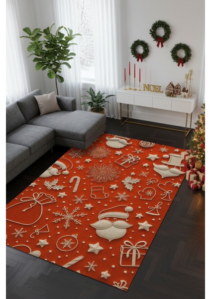 Yeni Yıl Temalı Figürlü Kırmızı Halı Dijital Baskılı Dokuma Kaymaz Tabanlı Yıkanır Yılbaşı Halısı