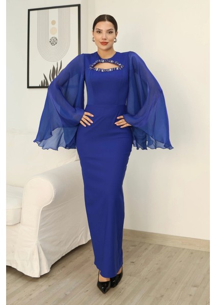 Dekoltesi Işlemeli Pelerinli Kol Abiye Elbise 2349-SAKS fiyatları