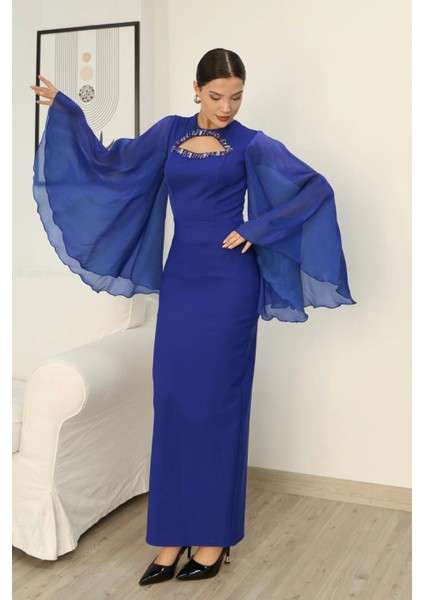 Dekoltesi Işlemeli Pelerinli Kol Abiye Elbise 2349-SAKS fırsatları