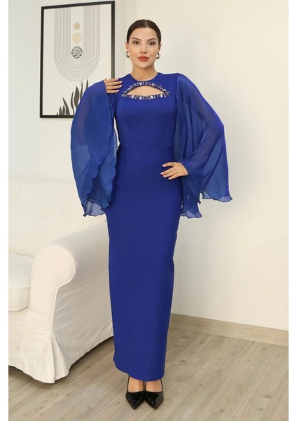 Dekoltesi Işlemeli Pelerinli Kol Abiye Elbise 2349-SAKS indirimleri