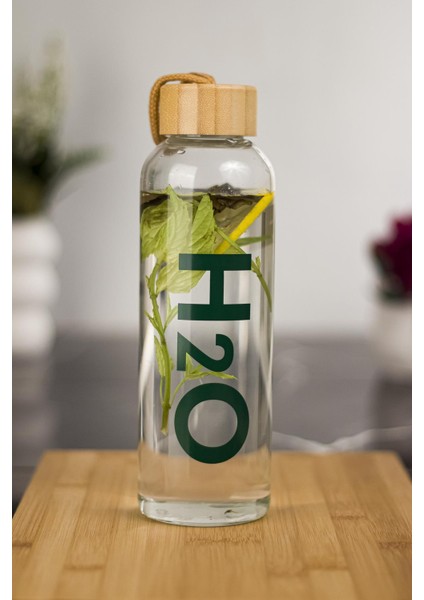H2O Borosilikat Cam Matara Bambu Vakum Kapaklı Su Şişesi Suluk (Kumaş Kılıf Hediyeli) 600 ml