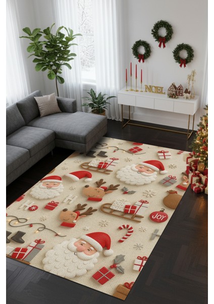 Yılbaşı Temalı Figürlü Kırmızı Halı Dijital Baskılı Dokuma Kaymaz Tabanlı Yıkanır Yeni Yıl Halısı