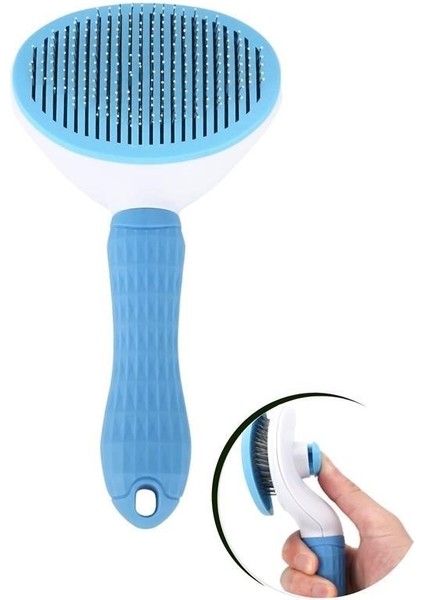 Buffer® Kedi Köpek Tüy Toplayıcı Kendini Temizleyebilen Ergonomik Saplı Evcil Hayvan Tarağı Mavi