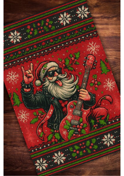 Rockçı Noel Baba Figürlü Kırmızı Halı Dijital Baskılı Dokuma Kaymaz Tabanlı Yıkanır Yılbaşı Halısı modelleri
